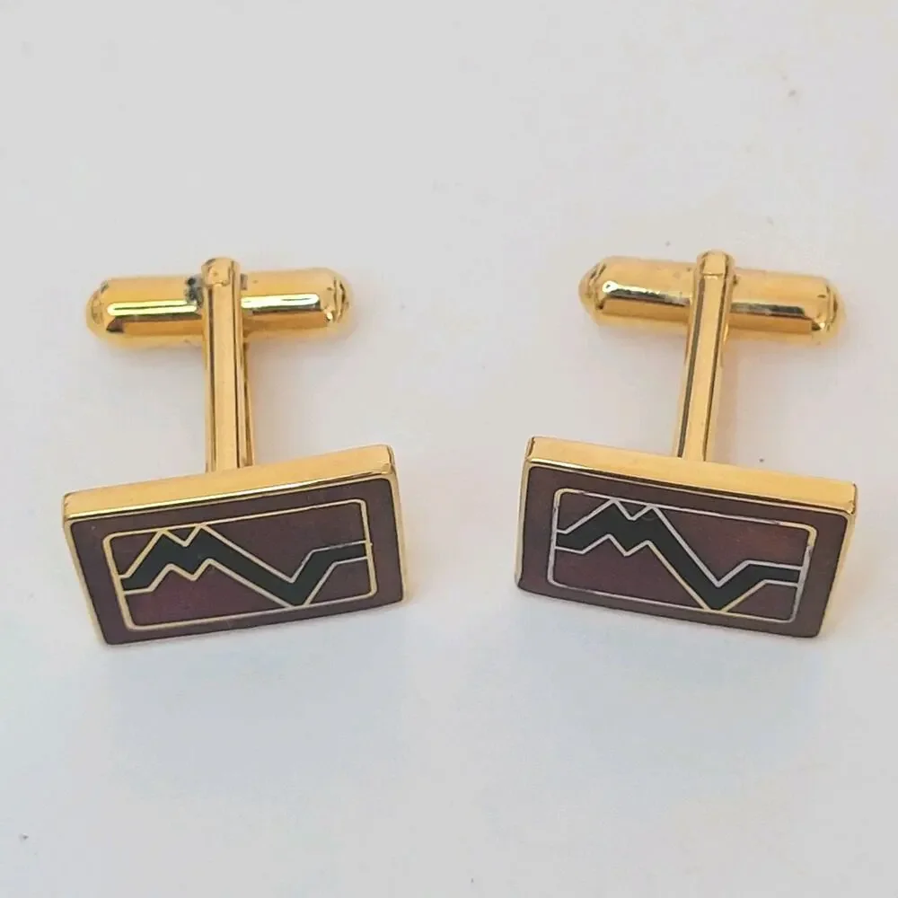 Mario Valentino MV Gold Red Black Tone Rectangle Logo Cufflinks Designer Vintage